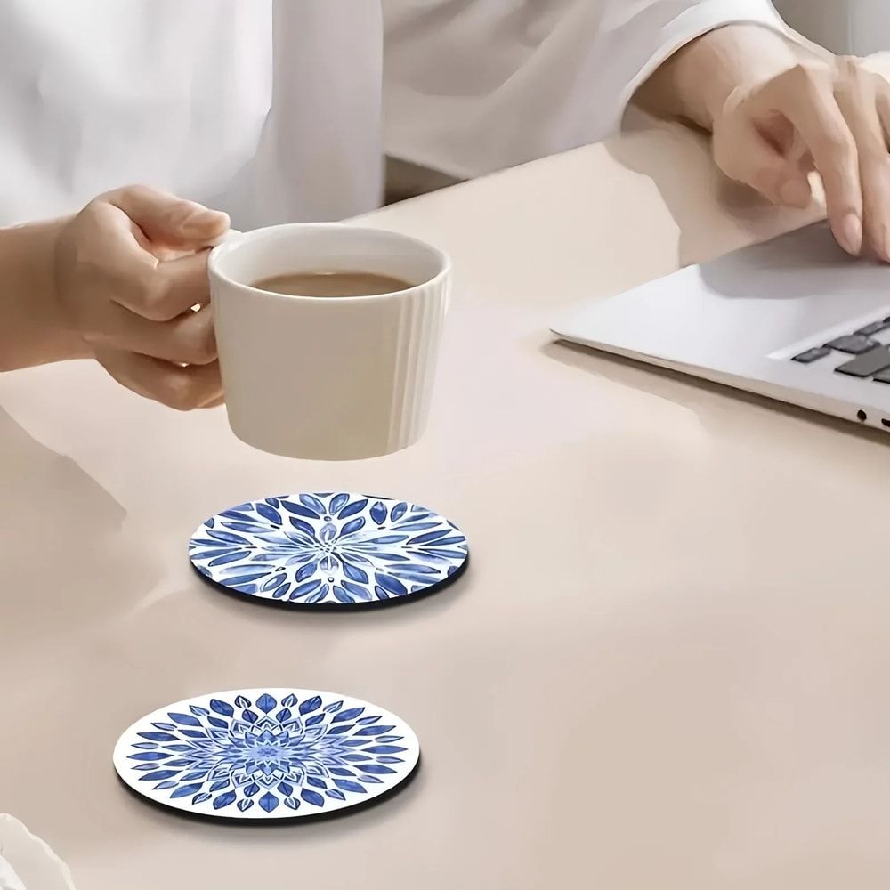Celadon Floral Wooden Coasters Set 6pcs HeatResistant Coffee Cup Mats For Home Office 3