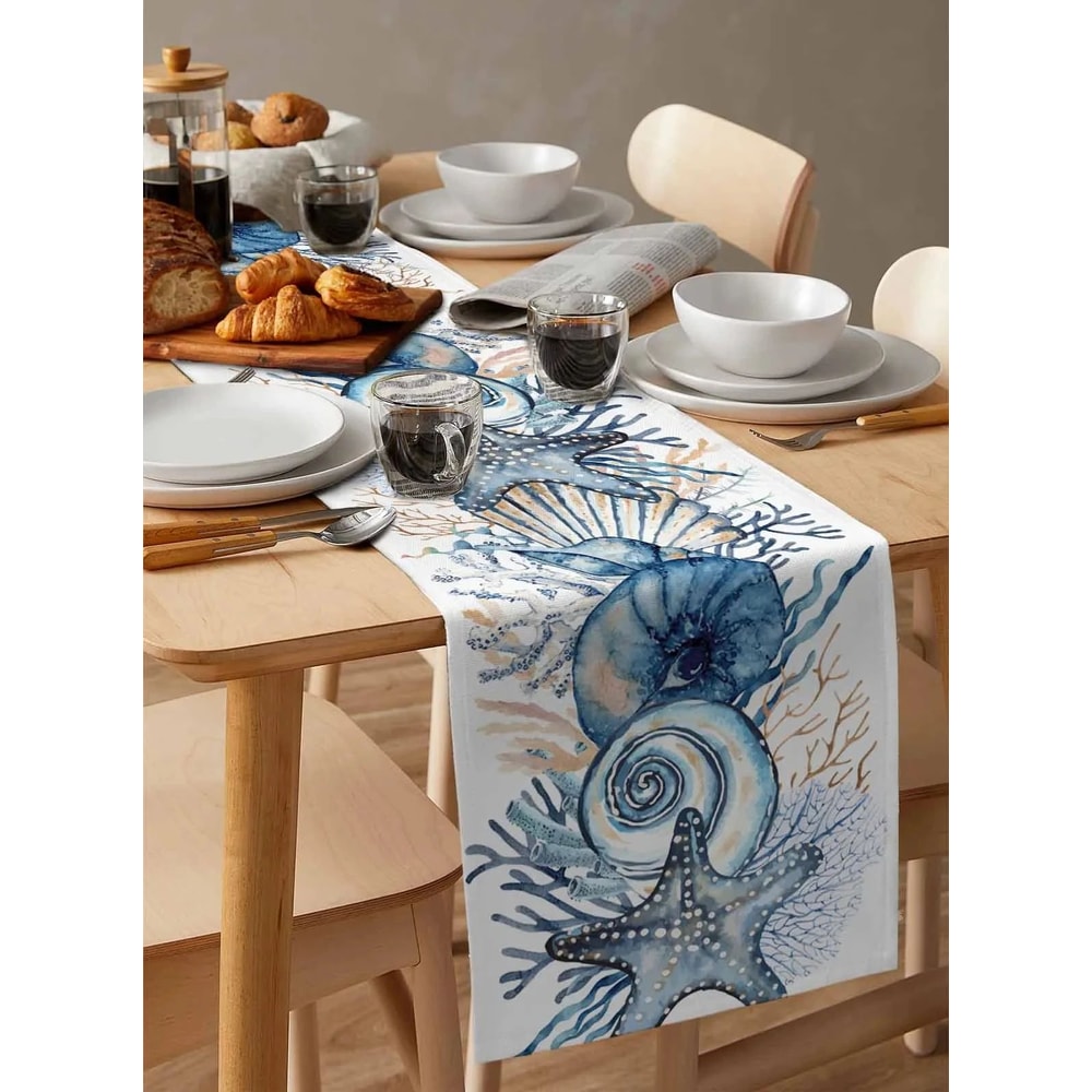 Coastal Summer Linen Table Runner Ocean Conch Coral Print Dining Table Decor 1