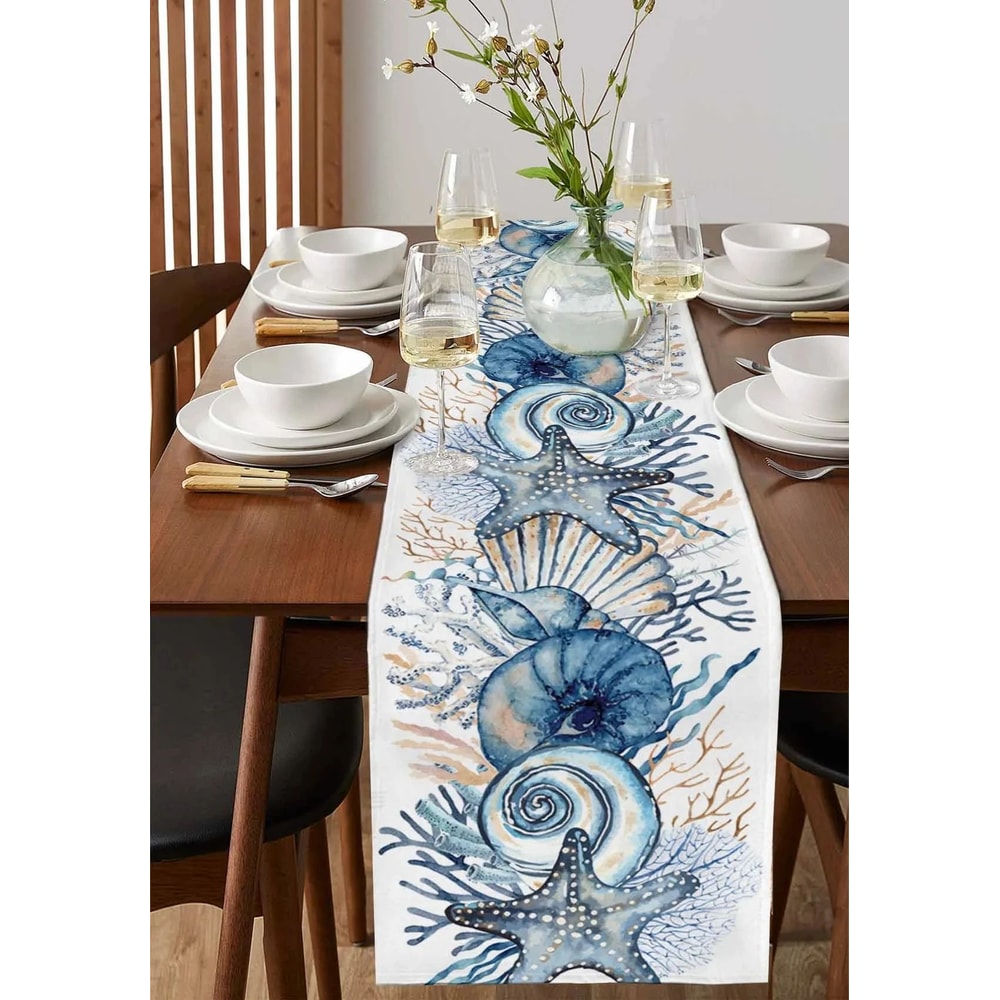 Coastal Summer Linen Table Runner Ocean Conch Coral Print Dining Table Decor 2
