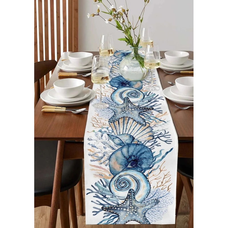 Coastal Summer Linen Table Runner Ocean Conch Coral Print Dining Table Decor 2