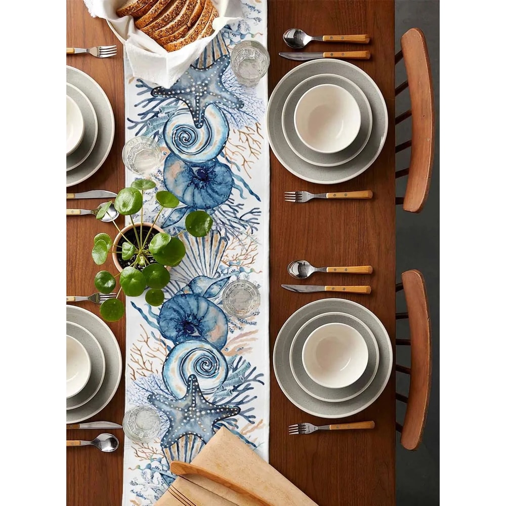 Coastal Summer Linen Table Runner Ocean Conch Coral Print Dining Table Decor 3