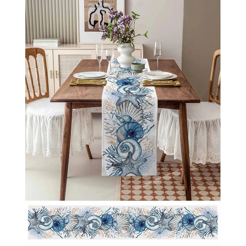 Coastal Summer Linen Table Runner Ocean Conch Coral Print Dining Table Decor 4