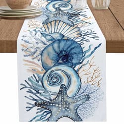 coastal summer linen table runner – ocean conch & coral print dining table decor