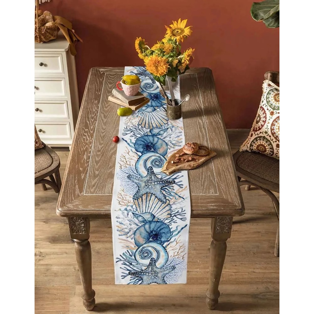 Coastal Summer Linen Table Runner Ocean Conch Coral Print Dining Table Decor 5