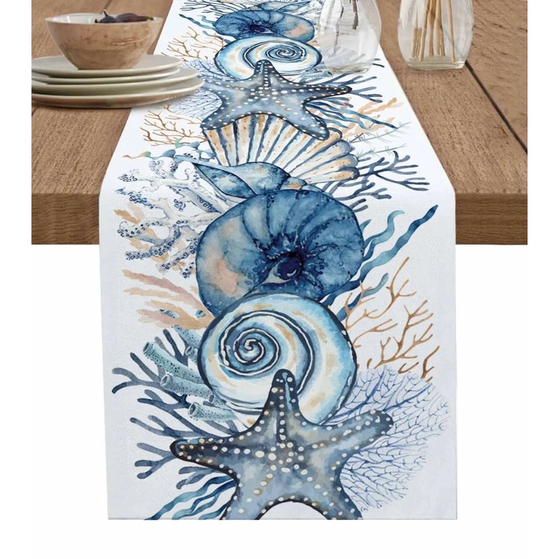 Coastal Summer Linen Table Runner Ocean Conch Coral Print Dining Table Decor 6