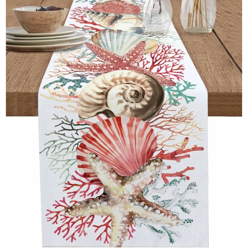 Coastal Summer Linen Table Runner Ocean Conch Coral Print Dining Table Decor 7