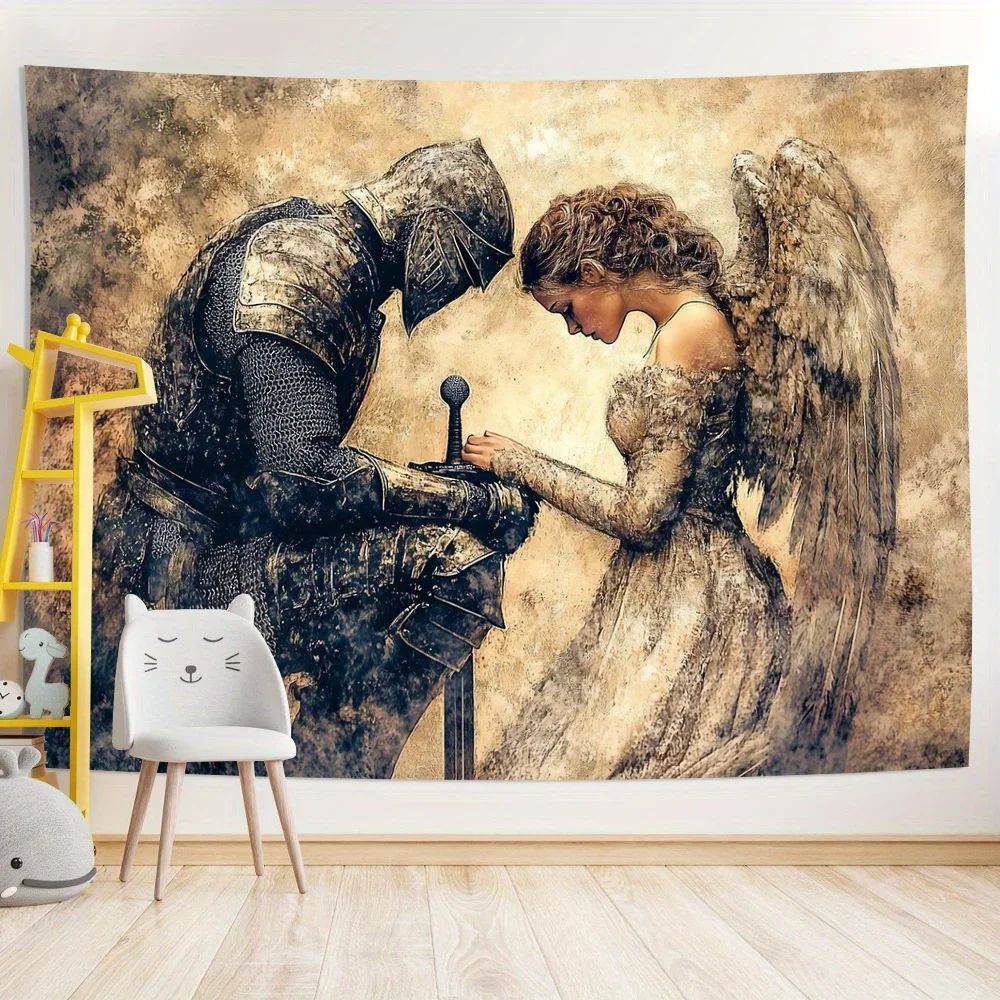 Vintage Knight Angel Tapestry Wall Hanging Elegant Prayer Scene Polyester Fabric Home Decor 3