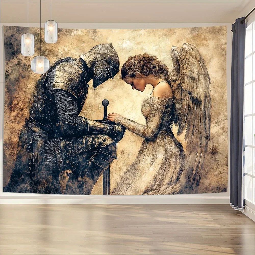 Vintage Knight Angel Tapestry Wall Hanging Elegant Prayer Scene Polyester Fabric Home Decor 4