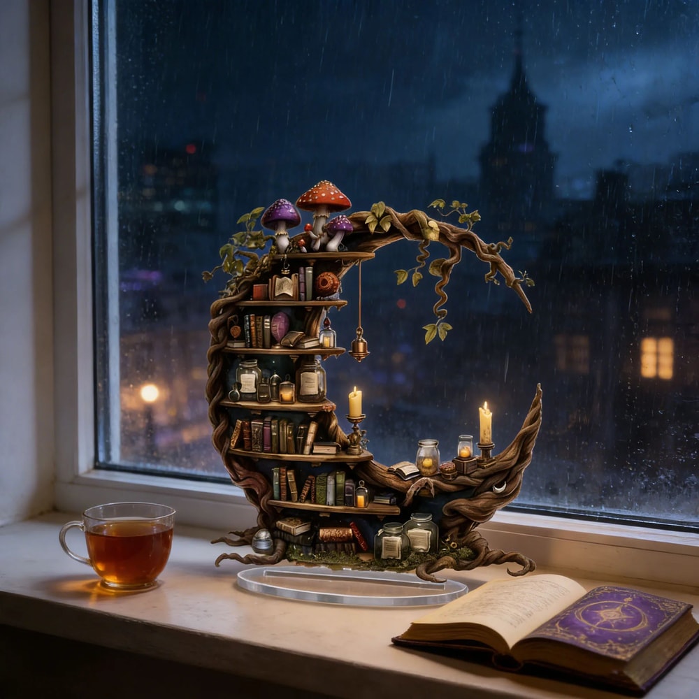 Bohemian Moon Acrylic Bookshelf Decor 2D Crystal Shelf With Fairy Light Display For Desktop Stylin 2
