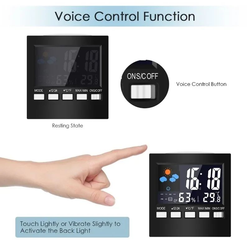 Smart Weather Forecast Station Clock LCD Temperature Humidity Monitor With Alarm Voice Control 1