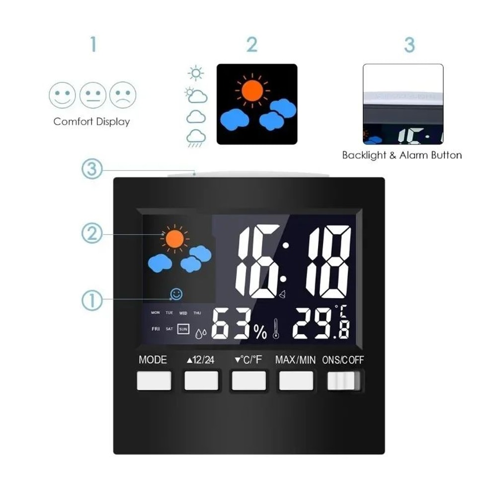 Smart Weather Forecast Station Clock LCD Temperature Humidity Monitor With Alarm Voice Control 2