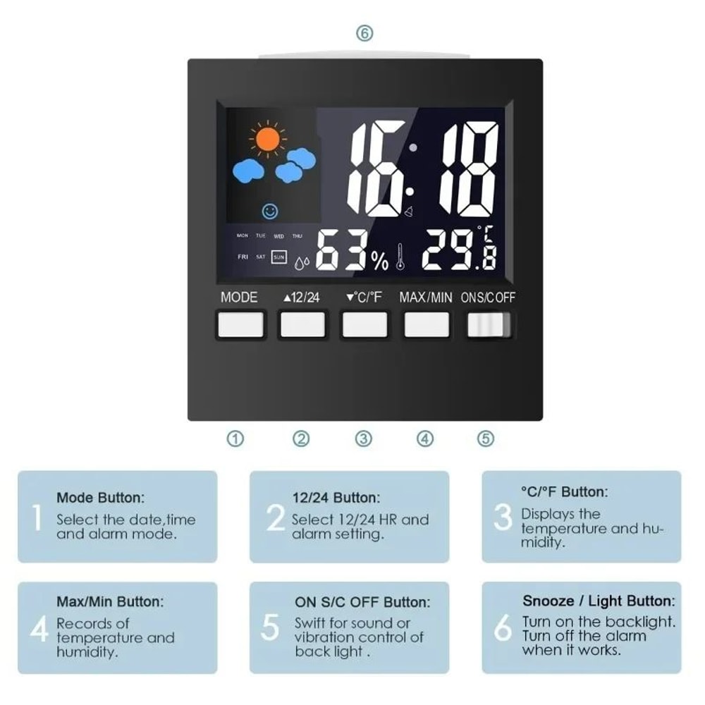 Smart Weather Forecast Station Clock LCD Temperature Humidity Monitor With Alarm Voice Control 3