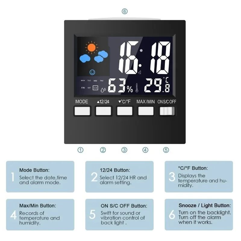 Smart Weather Forecast Station Clock LCD Temperature Humidity Monitor With Alarm Voice Control 3
