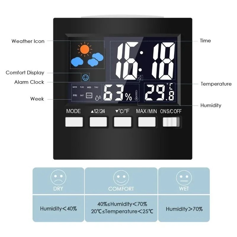 Smart Weather Forecast Station Clock LCD Temperature Humidity Monitor With Alarm Voice Control 4