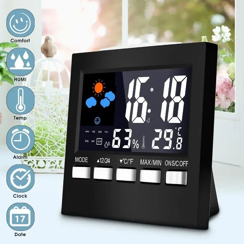 Smart Weather Forecast Station Clock LCD Temperature Humidity Monitor With Alarm Voice Control 0