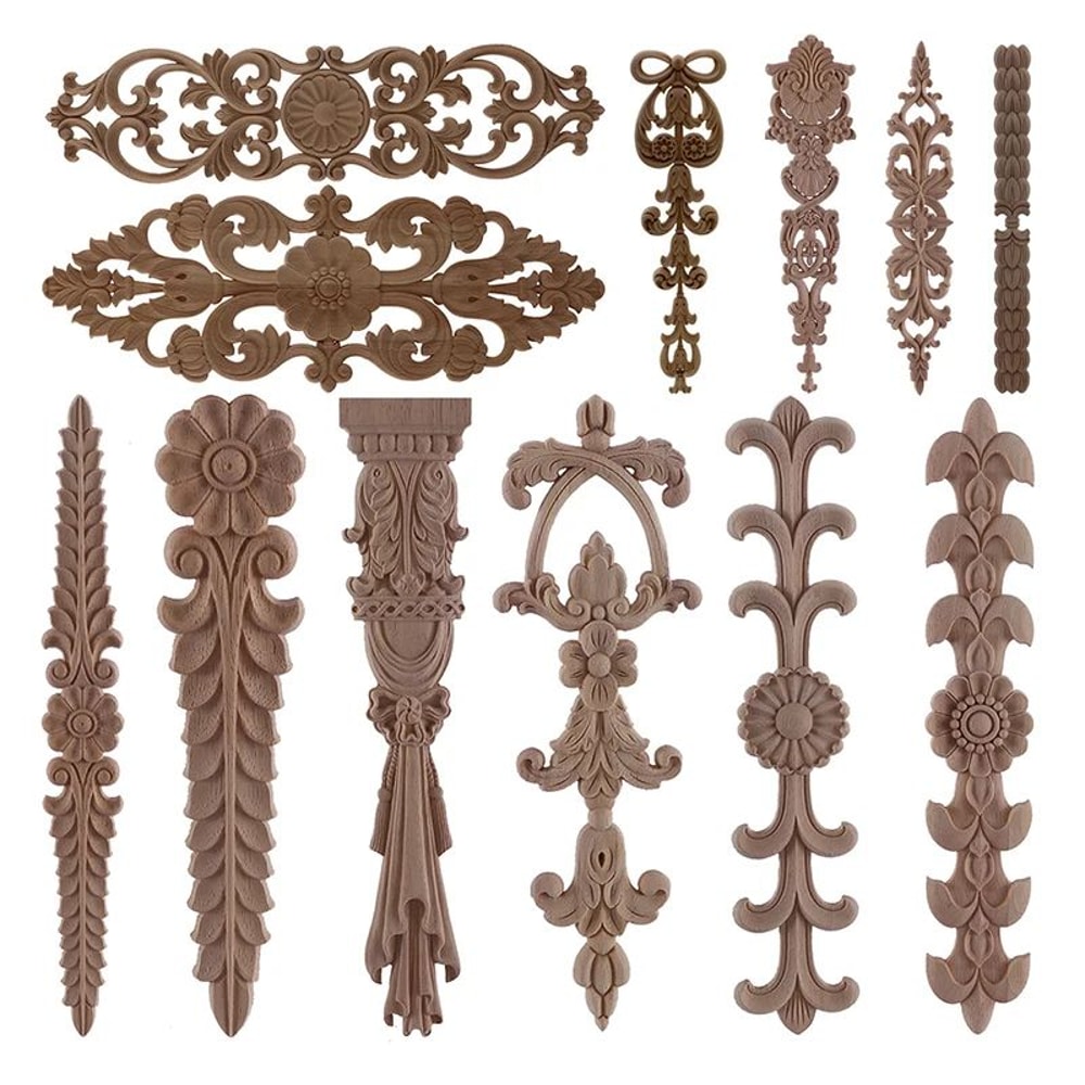 HandCarved European Oak Applique Vintage Floral Wood Onlay Decor For Furniture Doors 0