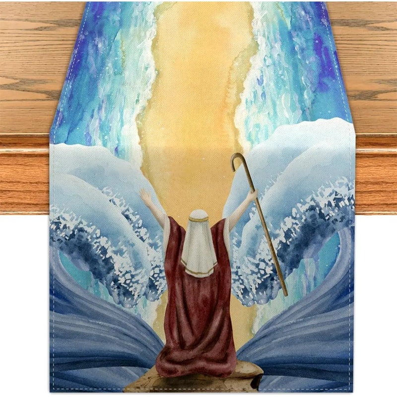 Passover Linen Table Runner Red Sea Design Reusable Pesach Dining Decor 0
