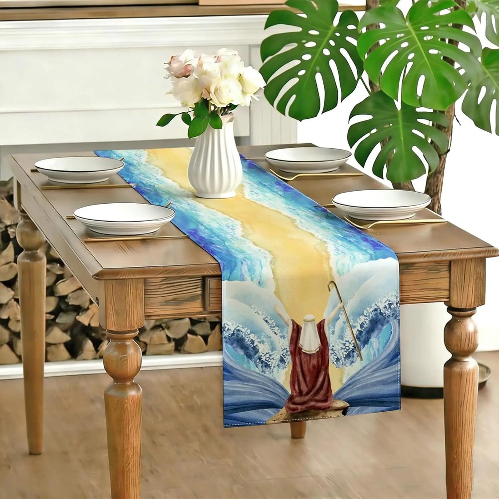 Passover Linen Table Runner Red Sea Design Reusable Pesach Dining Decor 5