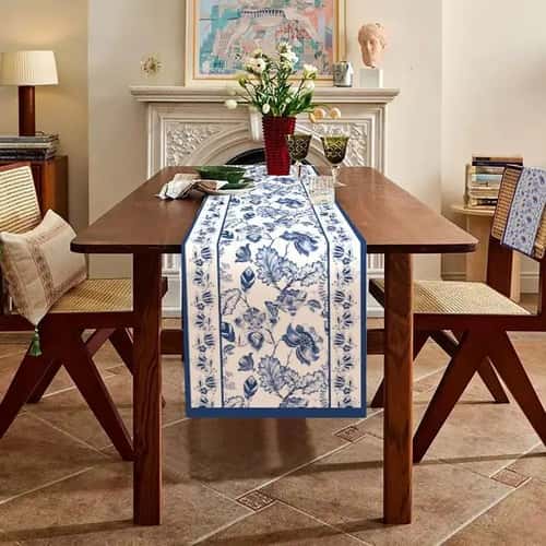 Summer Blue Floral Linen Table Runner – Farmhouse Reusable Dining & Party Decor