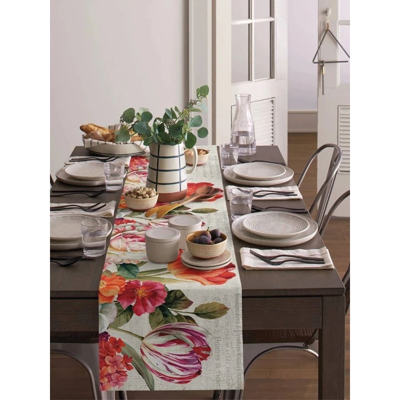 Vintage Tulip Oil Painting Linen Table Runner Farmhouse Floral Dining Decor 1