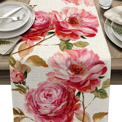 vintage tulip oil painting linen table runner – farmhouse floral dining decor