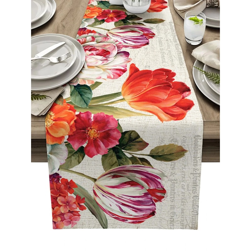 Vintage Tulip Oil Painting Linen Table Runner Farmhouse Floral Dining Decor 4