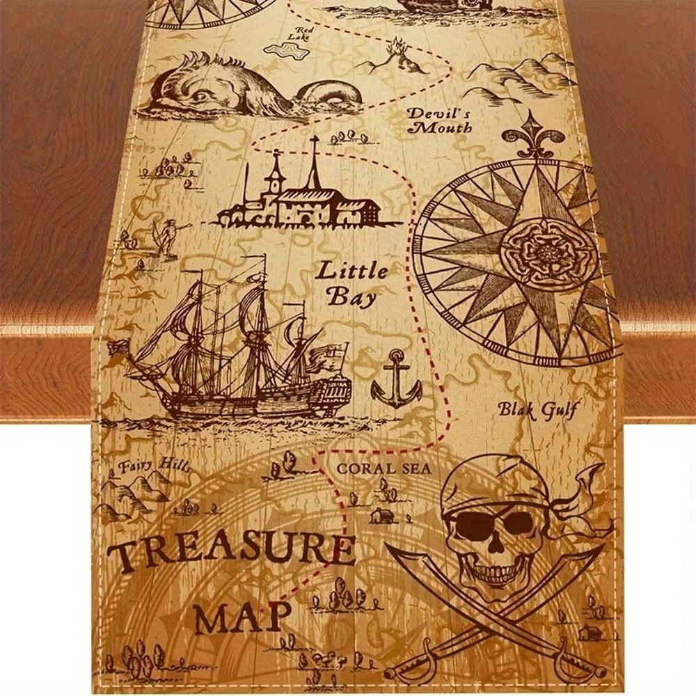 Pirate Treasure Linen Table Runner AdventureThemed Farmhouse Party Decor 6
