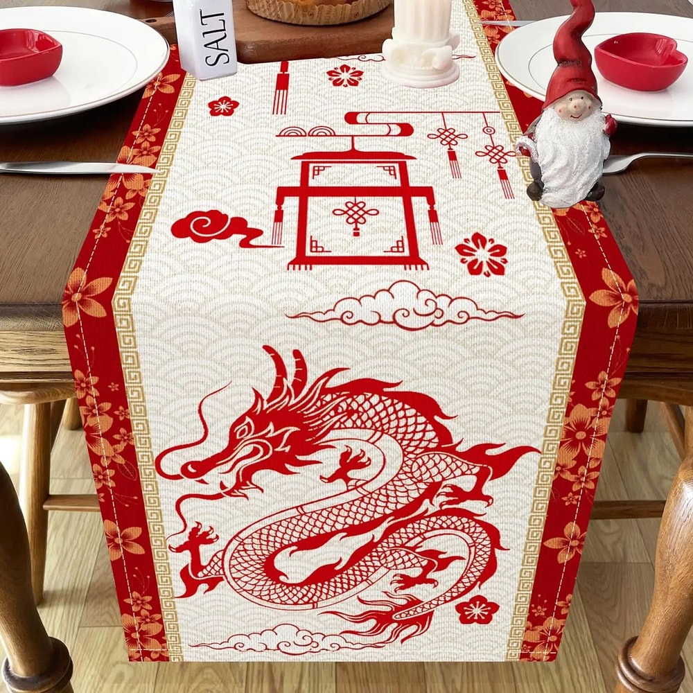 Chinese New Year Dragon Linen Table Runner Spring Festival Dining Decor 0
