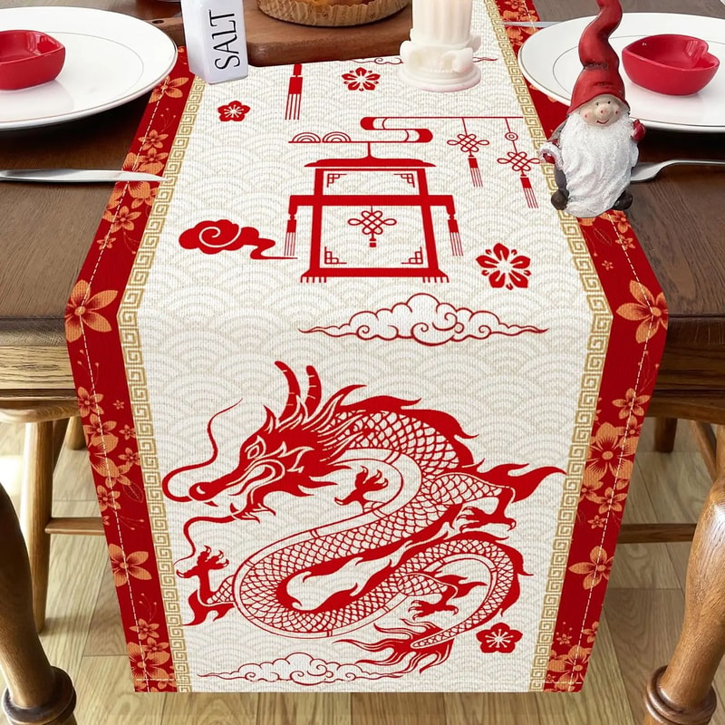 Chinese New Year Dragon Linen Table Runner Spring Festival Dining Decor 0