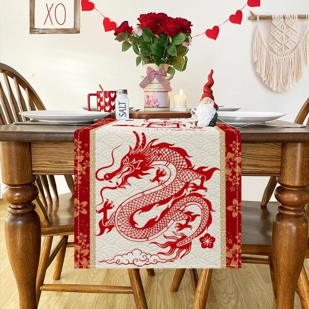 Chinese New Year Dragon Linen Table Runner Spring Festival Dining Decor 4