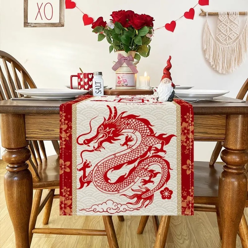 Chinese New Year Dragon Linen Table Runner Spring Festival Dining Decor 4