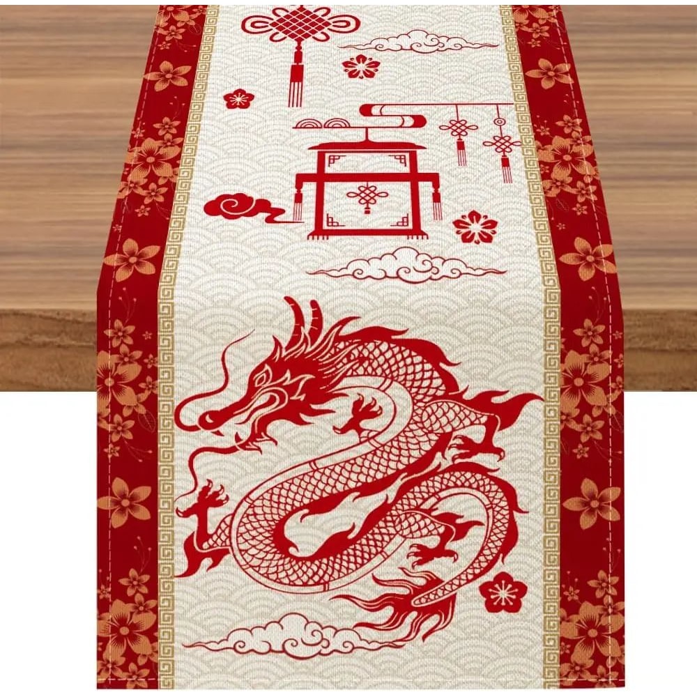 Chinese New Year Dragon Linen Table Runner Spring Festival Dining Decor 5