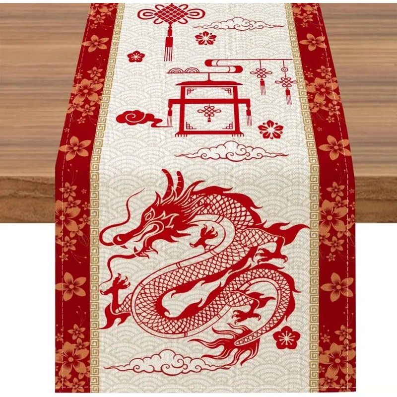 Chinese New Year Dragon Linen Table Runner Spring Festival Dining Decor 5