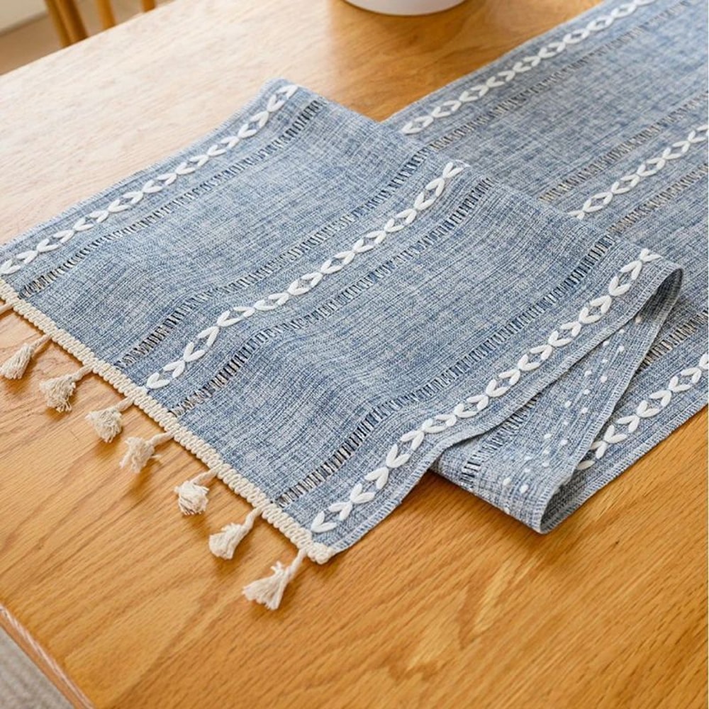 Boho Table Runner With Tassels Farmhouse Rustic Braided Cotton Linen Dining Table Decor 8