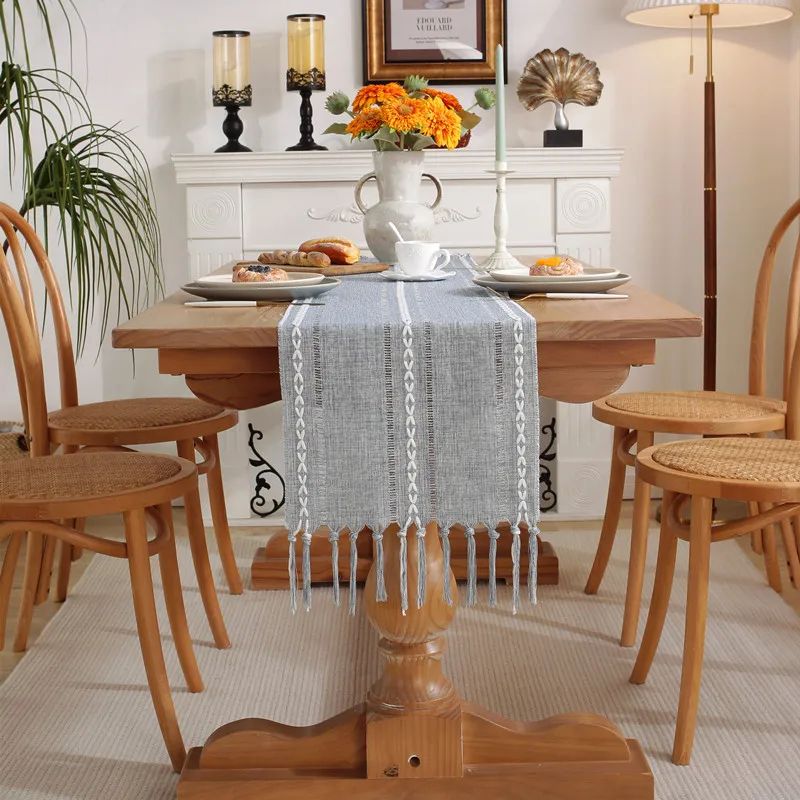 Boho Table Runner With Tassels Farmhouse Rustic Braided Cotton Linen Dining Table Decor 9