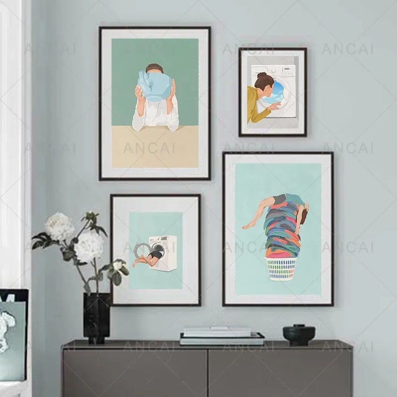 Laundry Girl Canvas Wall Art Nordic Bathroom Poster Print Home Decor 2