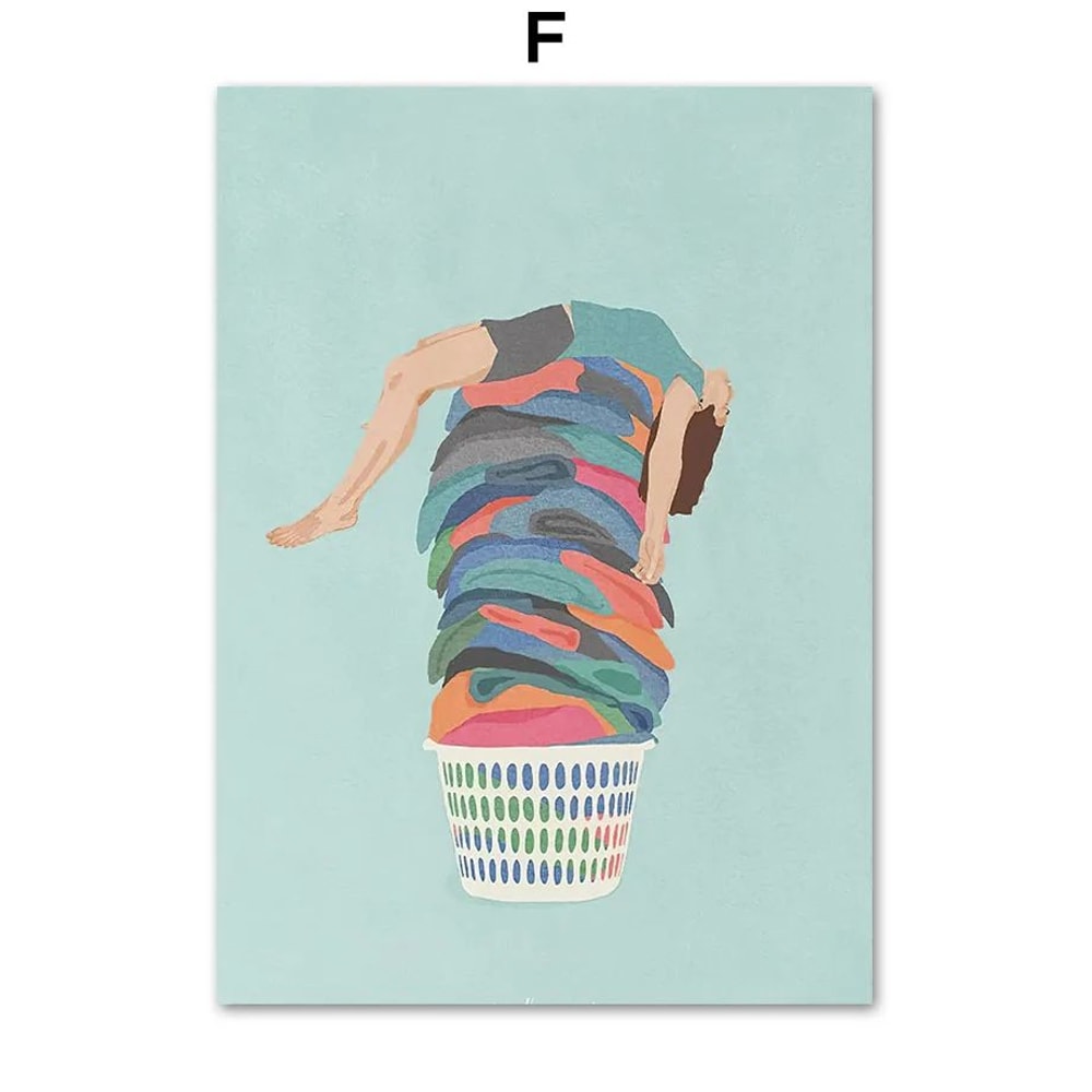 Laundry Girl Canvas Wall Art Nordic Bathroom Poster Print Home Decor 10