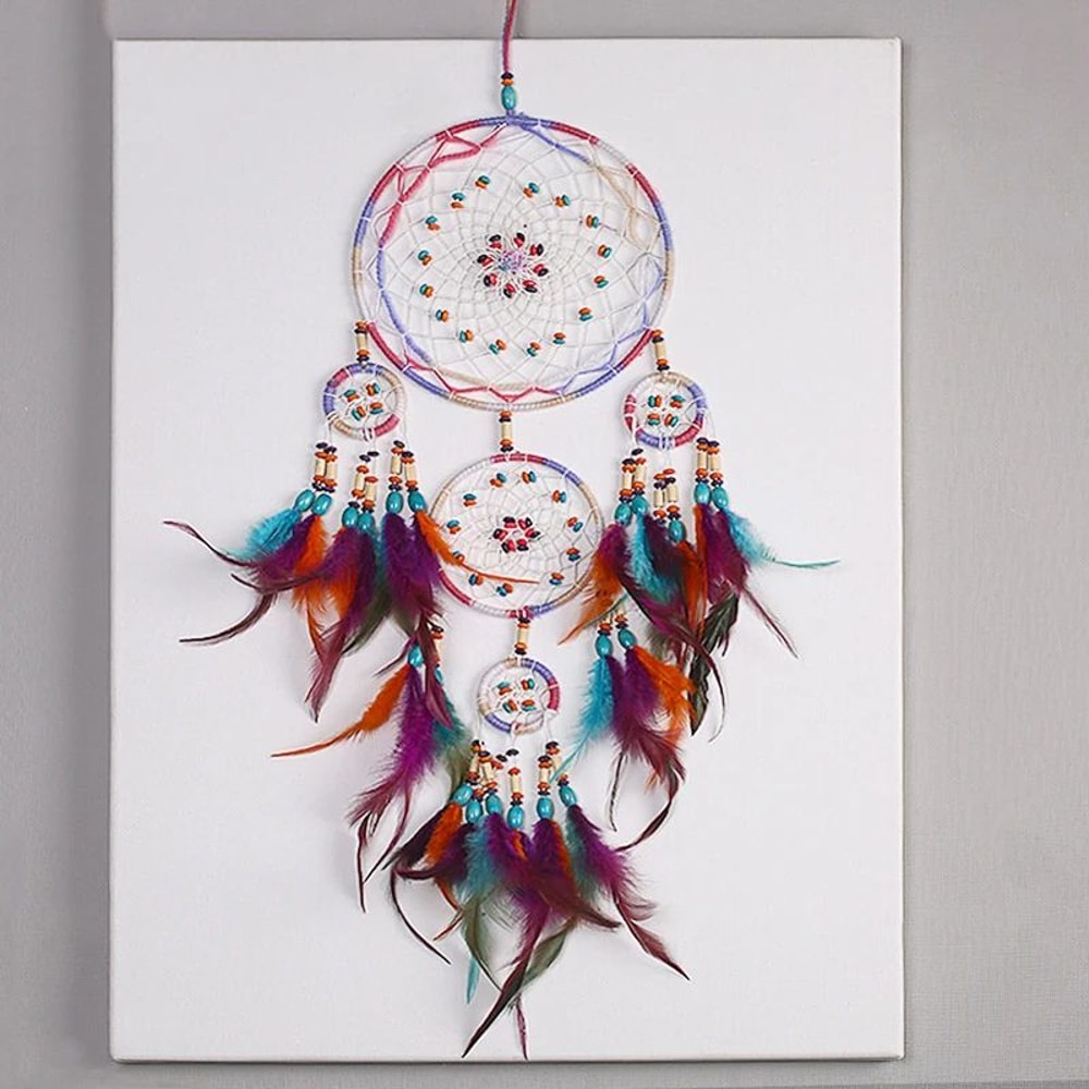 Handmade FiveRing Dream Catcher Wall Hanging Boho Feather Bead Home Decor 4