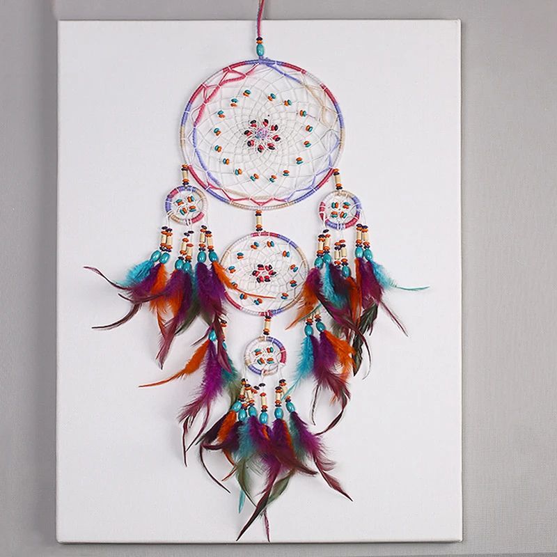 Handmade FiveRing Dream Catcher Wall Hanging Boho Feather Bead Home Decor 4