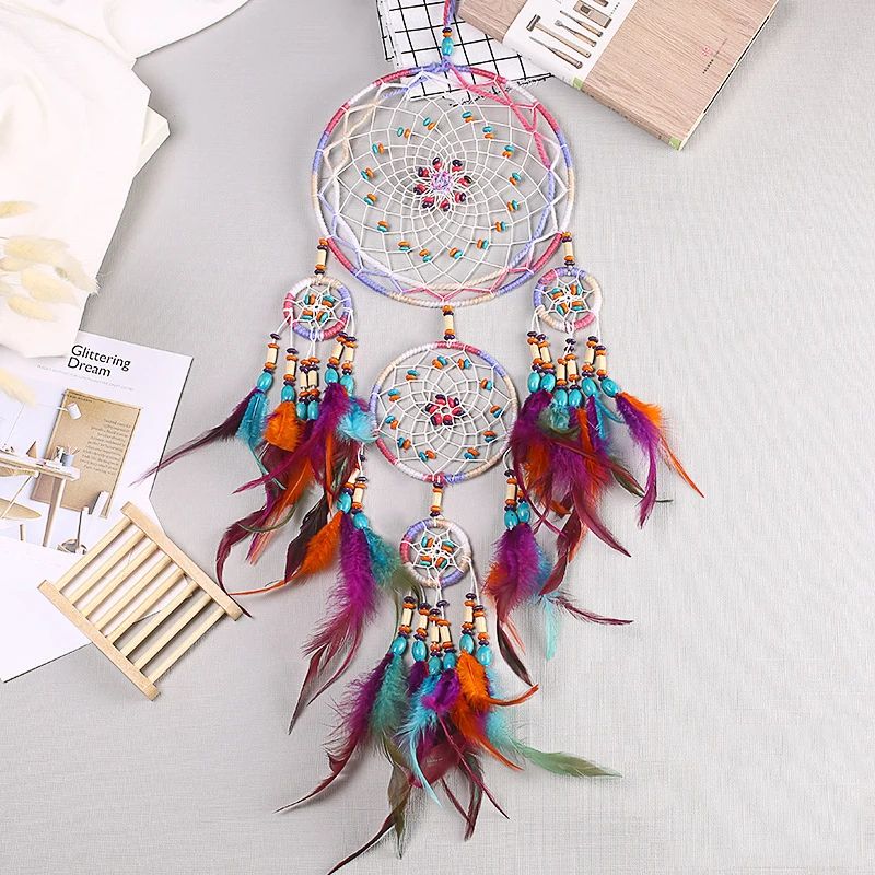 Handmade FiveRing Dream Catcher Wall Hanging Boho Feather Bead Home Decor 2