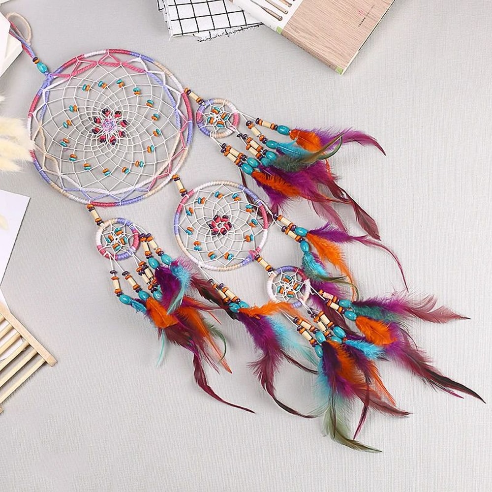 Handmade FiveRing Dream Catcher Wall Hanging Boho Feather Bead Home Decor 3