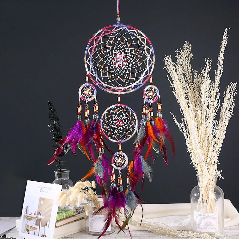 Handmade FiveRing Dream Catcher Wall Hanging Boho Feather Bead Home Decor 0