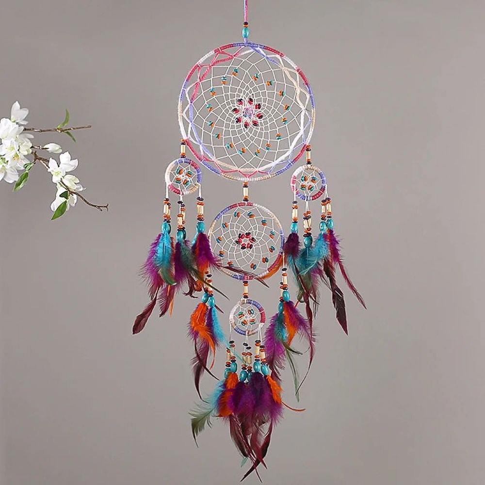 Handmade FiveRing Dream Catcher Wall Hanging Boho Feather Bead Home Decor 1