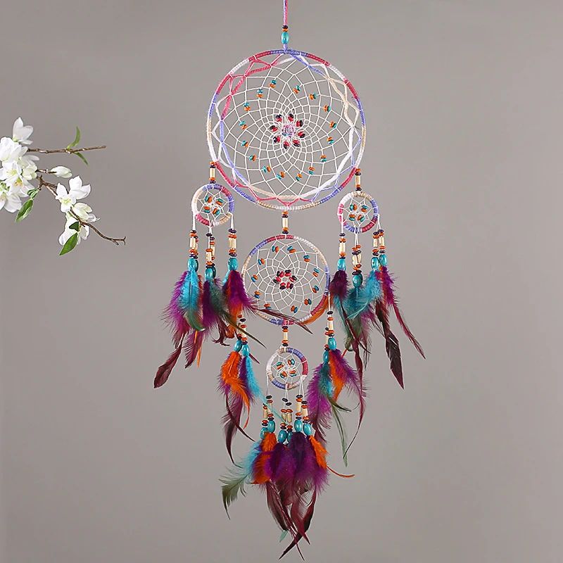 Handmade FiveRing Dream Catcher Wall Hanging Boho Feather Bead Home Decor 1