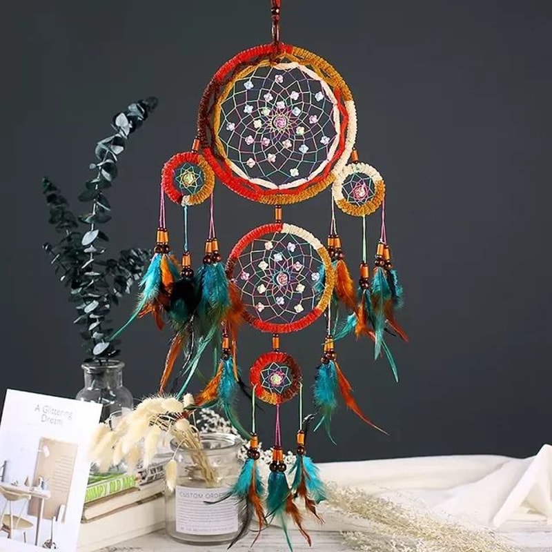 Handmade FiveRing Dream Catcher Wall Hanging Boho Feather Bead Home Decor 8