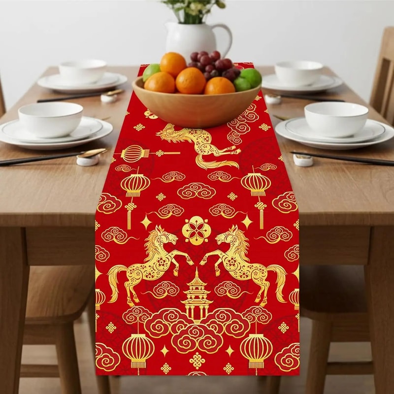 Chinese New Year Table Runner 2026 Zodiac Horse Linen Spring Festival Dining Decor 0