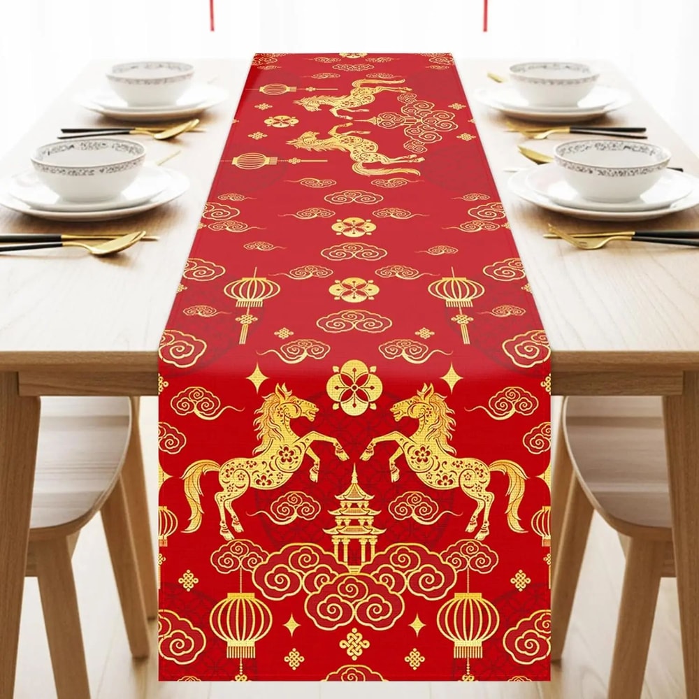 Chinese New Year Table Runner 2026 Zodiac Horse Linen Spring Festival Dining Decor 1