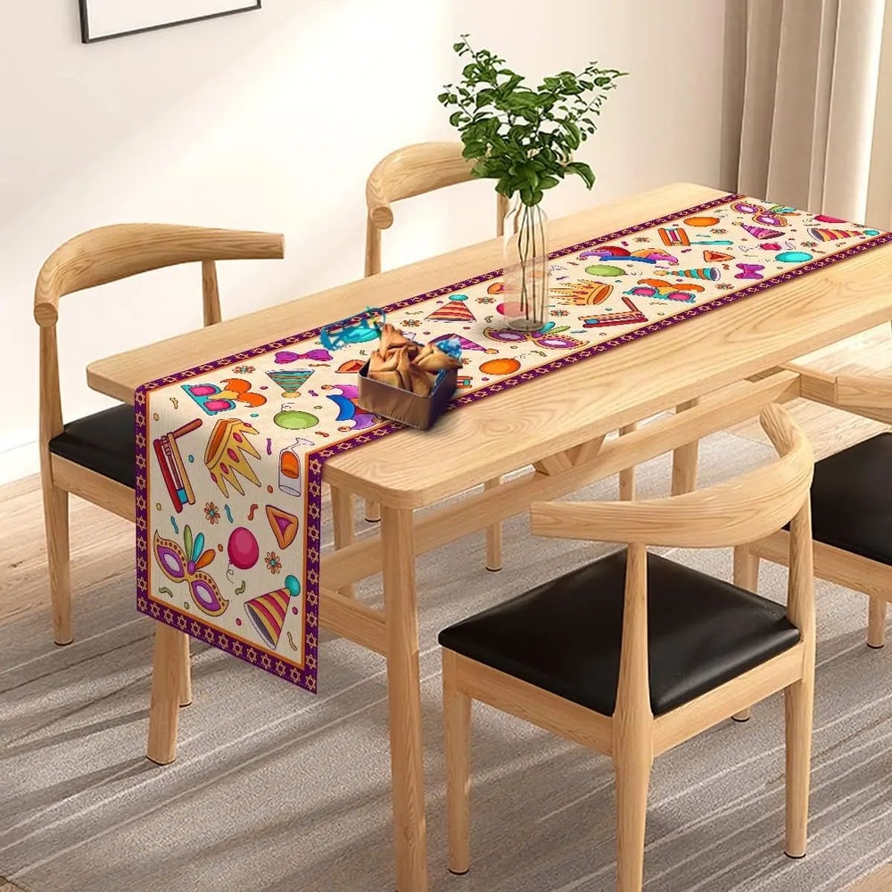 Happy Purim Linen Table Runner Festive Jewish Holiday Dining Table Decor With Masquerade Crown Des 0