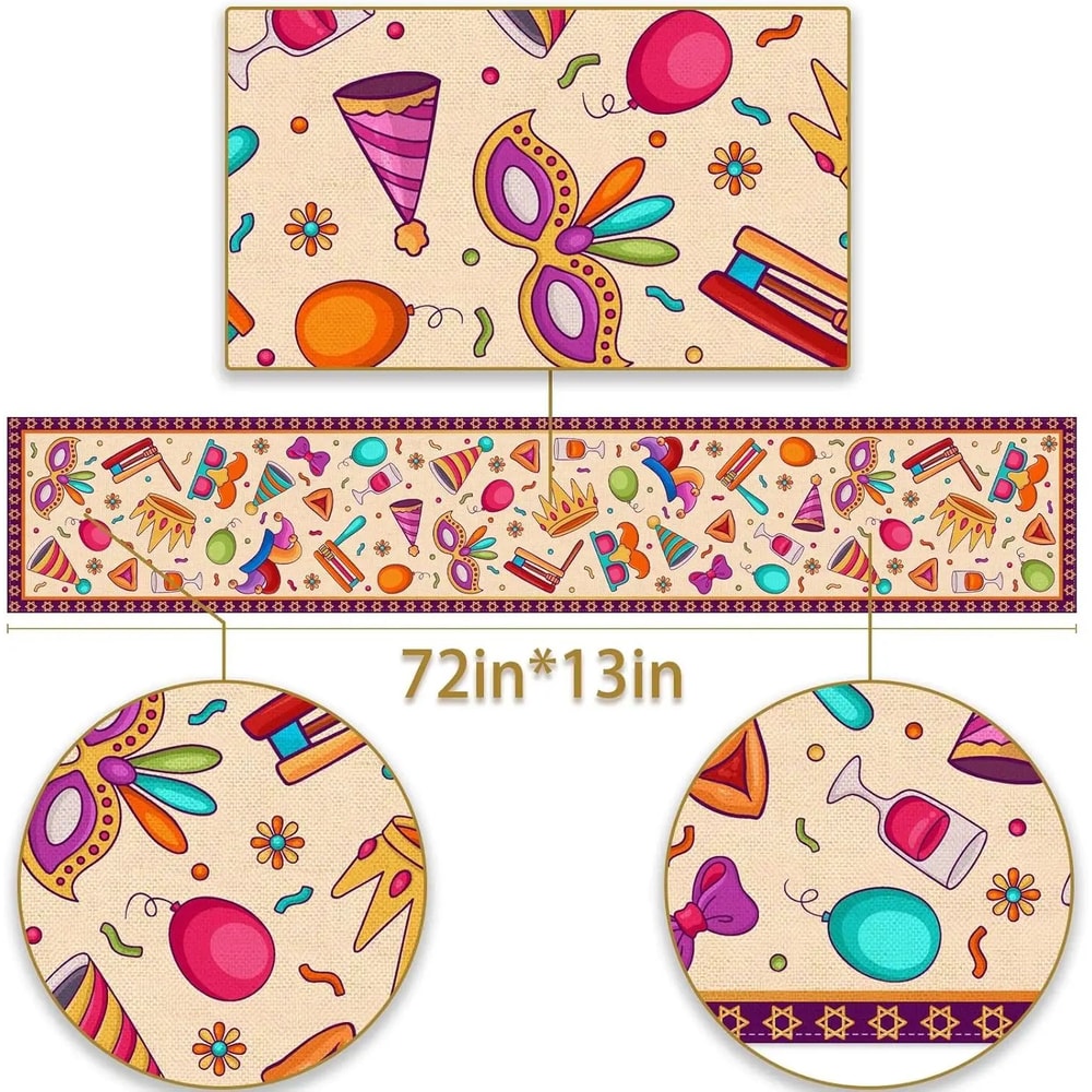 Happy Purim Linen Table Runner Festive Jewish Holiday Dining Table Decor With Masquerade Crown Des 2