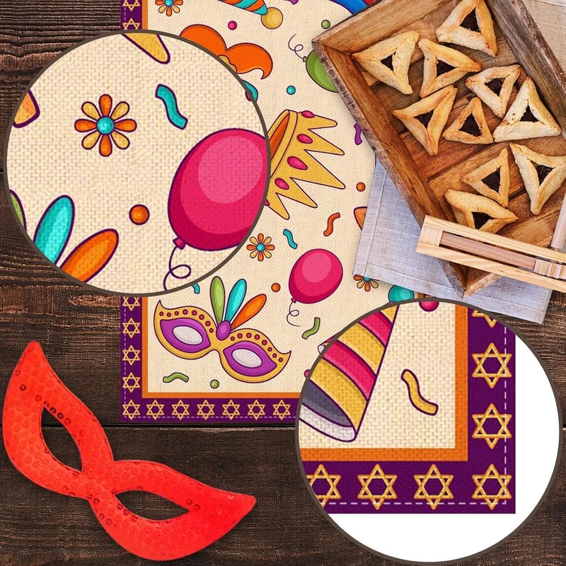 Happy Purim Linen Table Runner Festive Jewish Holiday Dining Table Decor With Masquerade Crown Des 3